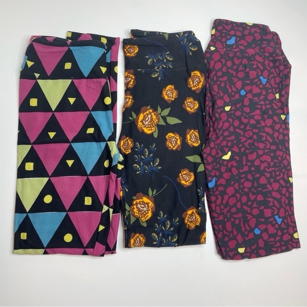 LuLaRoe Leggings OS One Size Set of 3 Black Backgrounds Triangles Floral Pebbles